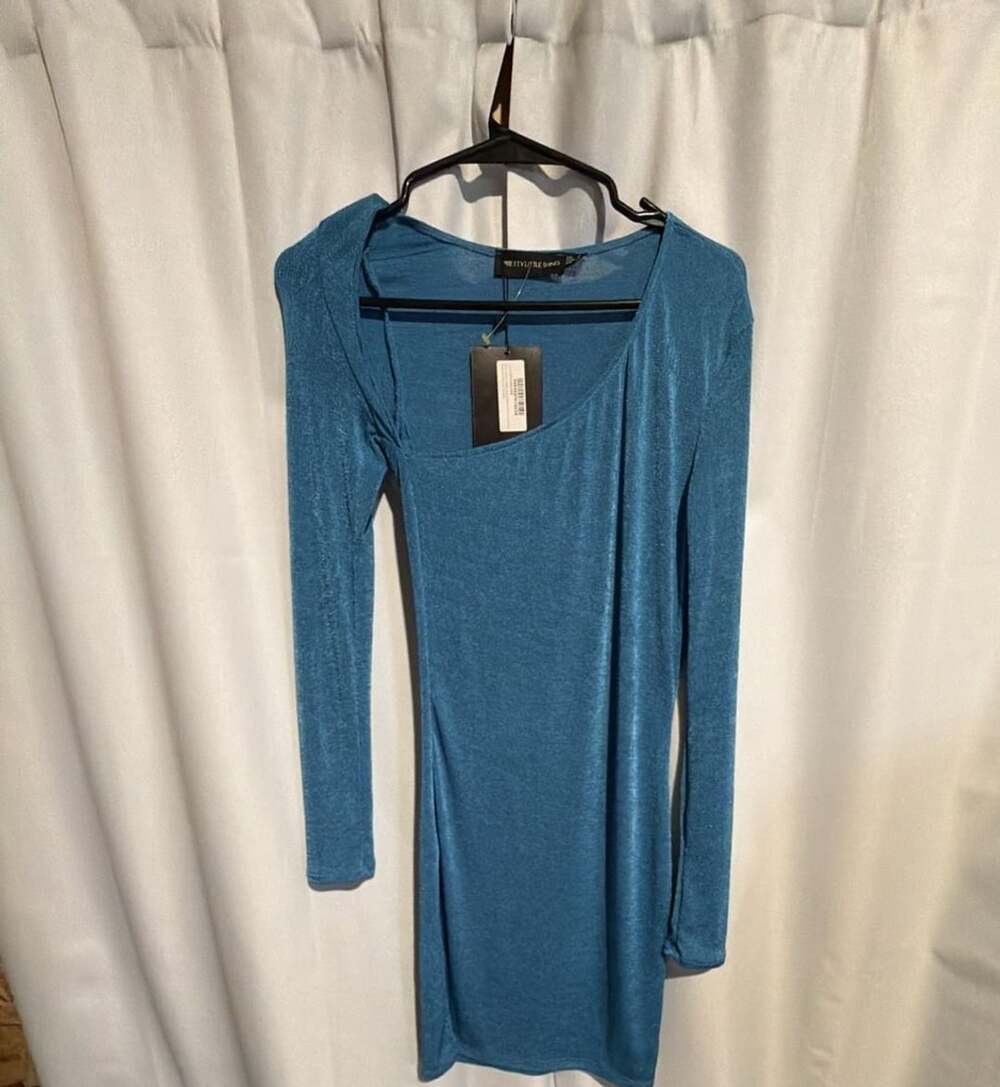 PrettyLittleThing Blue Acetate Slinking Asymmetric Neck Long Sleeve Dress